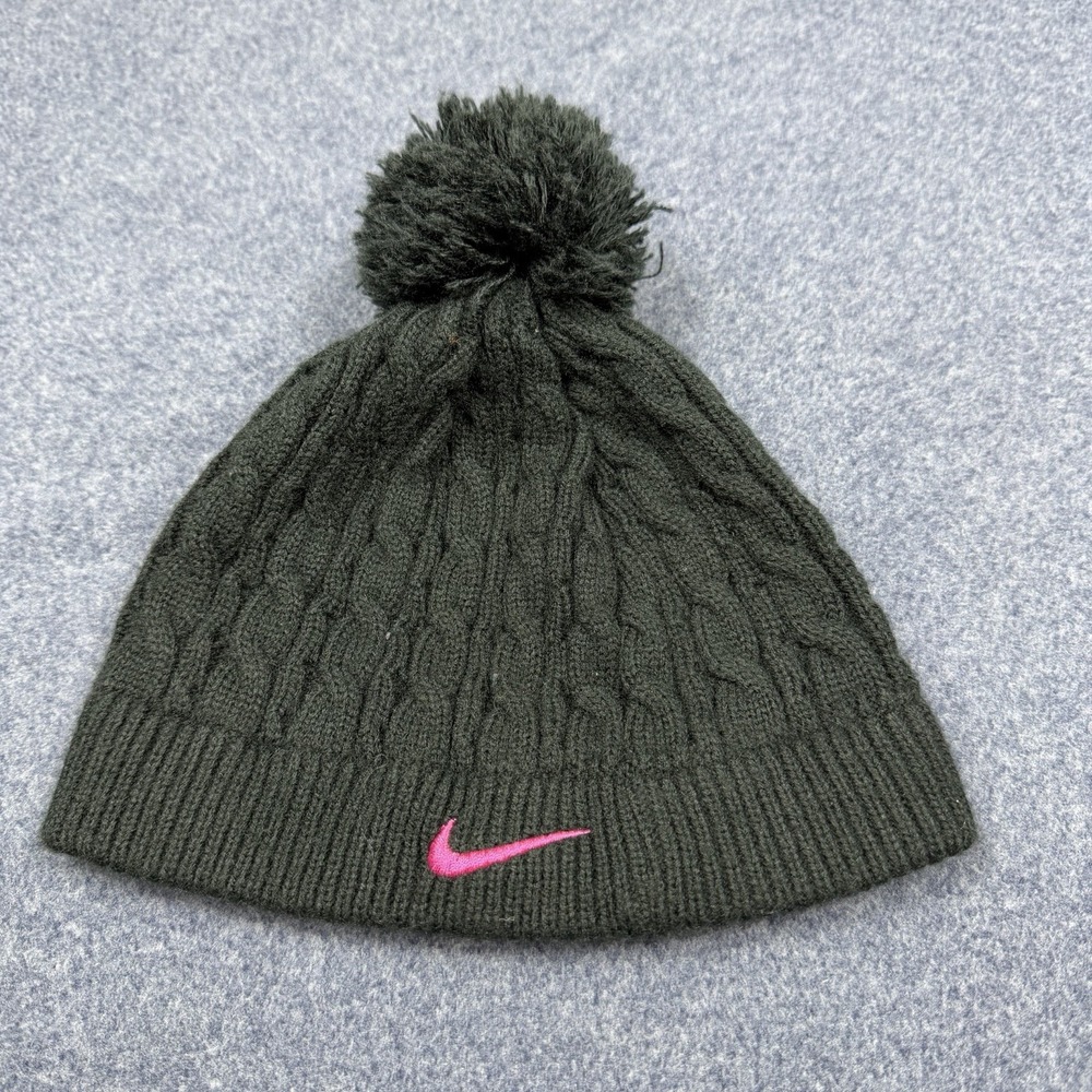 Nike Girl's Black Pom Pom Cable Knit Beanie Hat Embroidered Pink Swoosh 4-6X